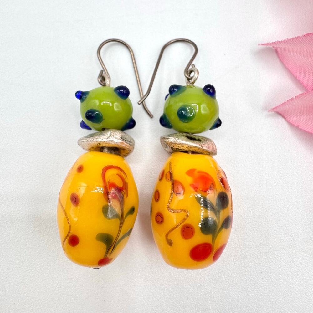 Chunky Lampwork Bead Earrings Art Glass Cottagecore Whimsical Artsy Handmade